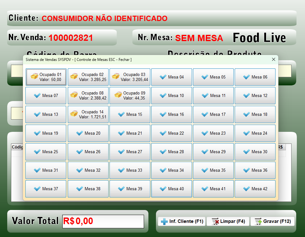 PDV Food Live do SYSPDV Desktop com o quadro de controle de mesas aberto