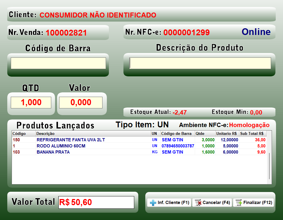 Frente de Caixa PDV NFC-e do SYSPDV Desktop com três itens lançados