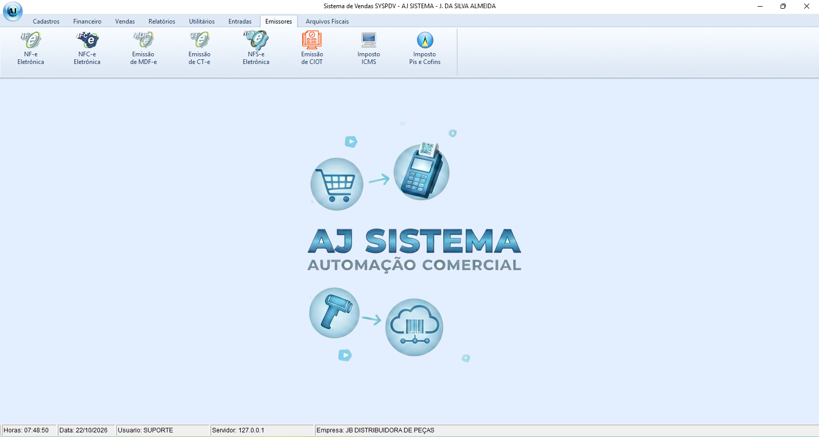 Tela principal do SYSPDV Desktop, com a aba Emissores aberta