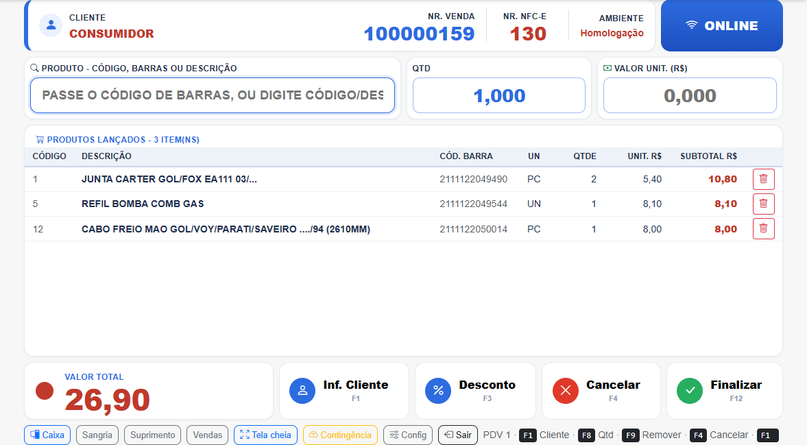 Frente de Caixa PDV do SYSPDV Web com três itens lançados